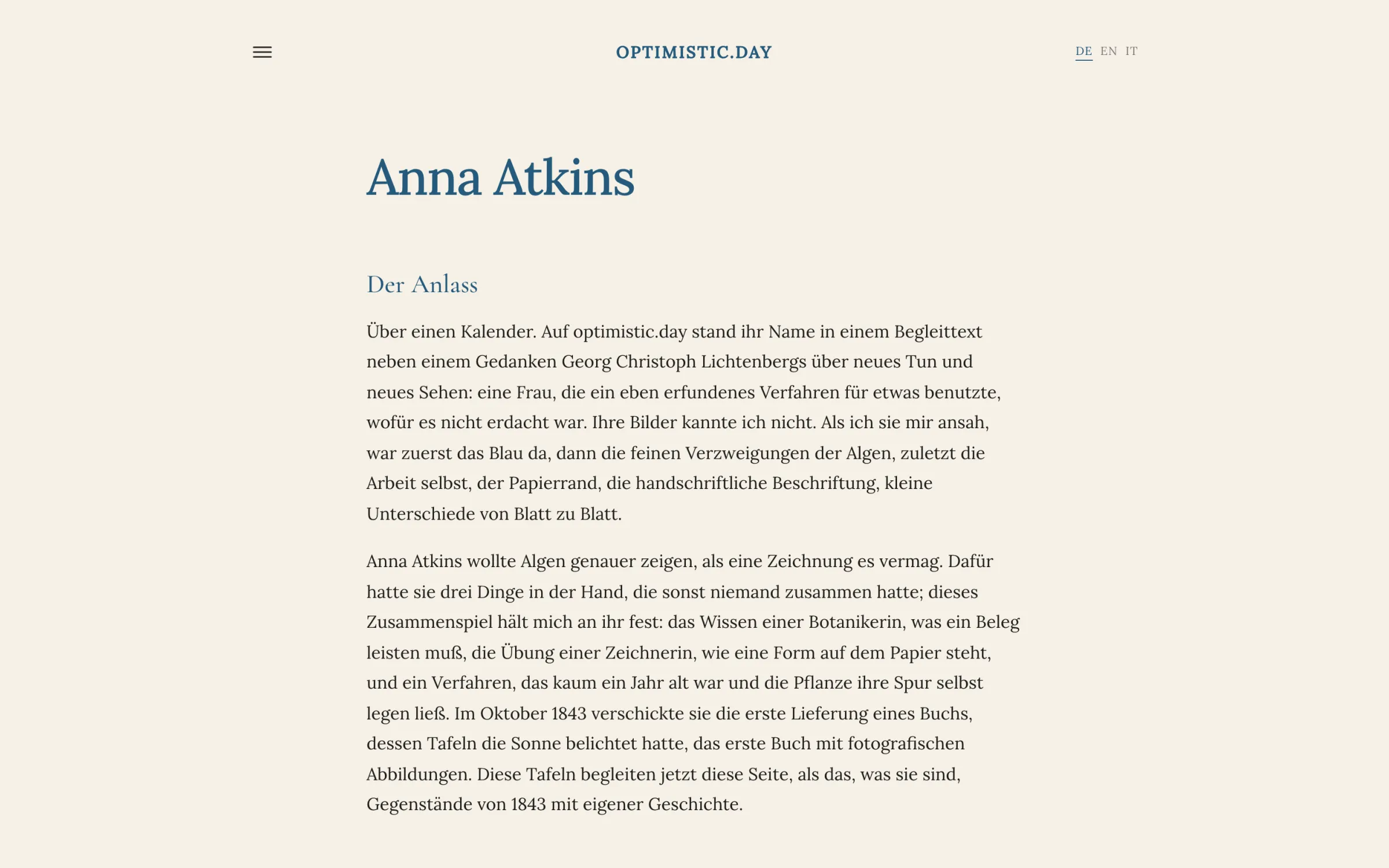 Die Seite zu Anna Atkins und ihren Tafeln