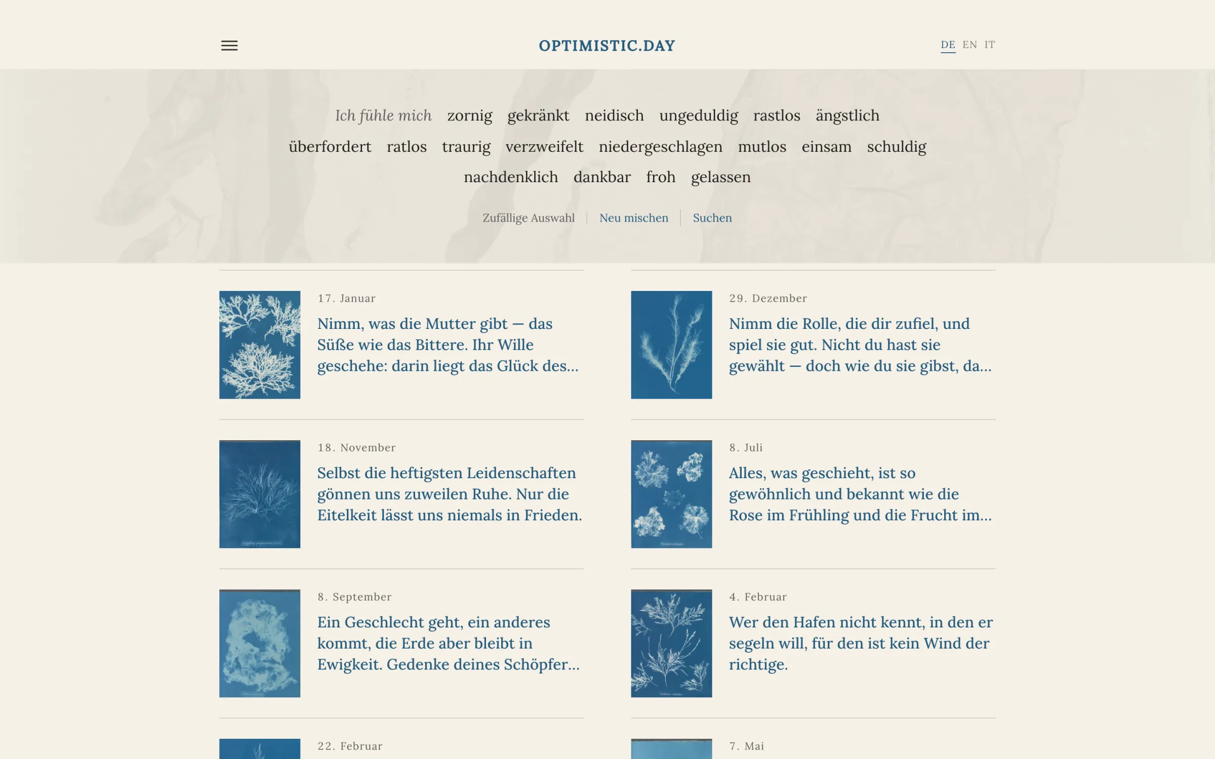Das Archiv mit Suche nach Stimmungen und Stichworten