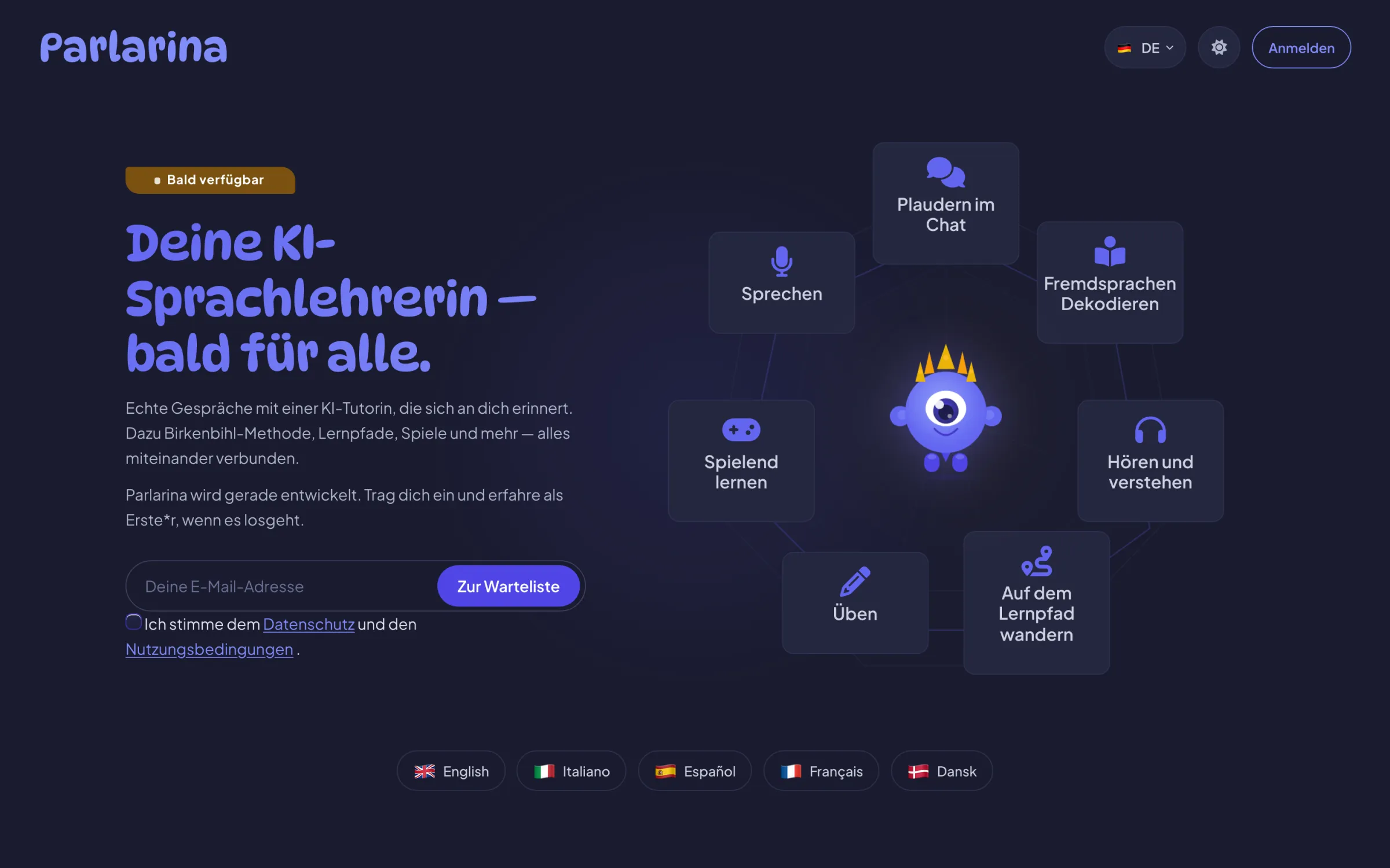 Die Startseite mit Überblick über Funktionen und Sprachen